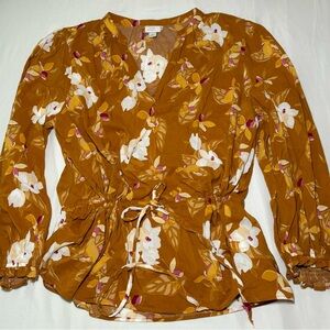 a new day Floral Wrap Blouse - Mustard and White